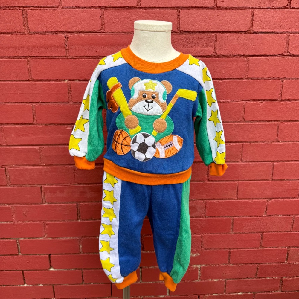 Vintage‎ Rough Boys Kids 18M Sports Bear Sweatshirt and Sweatpants Set Kidcore